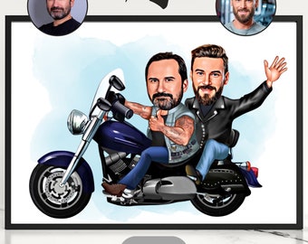 Personalized Motorcyclist Cartoon Portrait, Custom Cartoon Best Friends Gift, Motorbiker Couple Portrait, Funny Motorcyclist Couple Gift