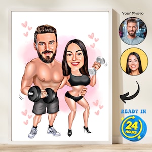 Benutzerdefinierte Bodycycling-Karikaturporträt, Paar-Karikaturporträt, Valentinstagsgeschenk, Fitnessstudio-Paar-Karikatur, Paargeschenk zum Jahrestag