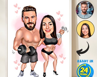 Custom Bodybuilding Caricature Portrait, Couple Cartoon Portrait, Valentine's Day Gift, Gym Couple Caricature, Couple Gift for Anniversary