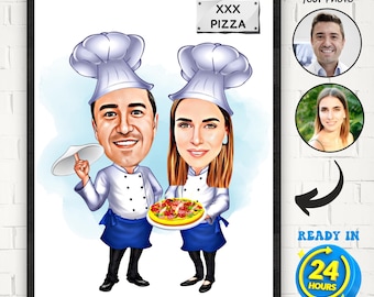 Custom Pizza Master Caricature, Couple Chef Cartoon Portrait, Custom Food Cook Portrait Drawing from Photo, Chef Gift, Funny Couple Gift