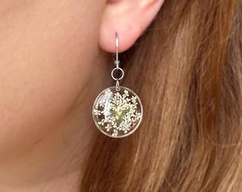 Queen Anne's Lace Earrings: Resin Flower Dangle, Stainless Steel