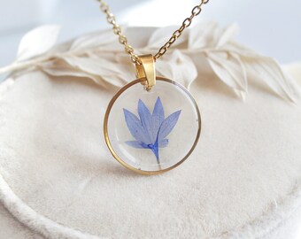 Gold necklace with cornflower, blue birthday jewelry, nature inspired pendant