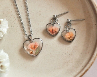 Cute heart jewellery set, silver earring in casual style, orange jewelry for her, teenage birthday presents