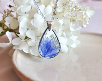Necklace with cornflower, real floral jewelry, blue resin pendant, christmas gift for her