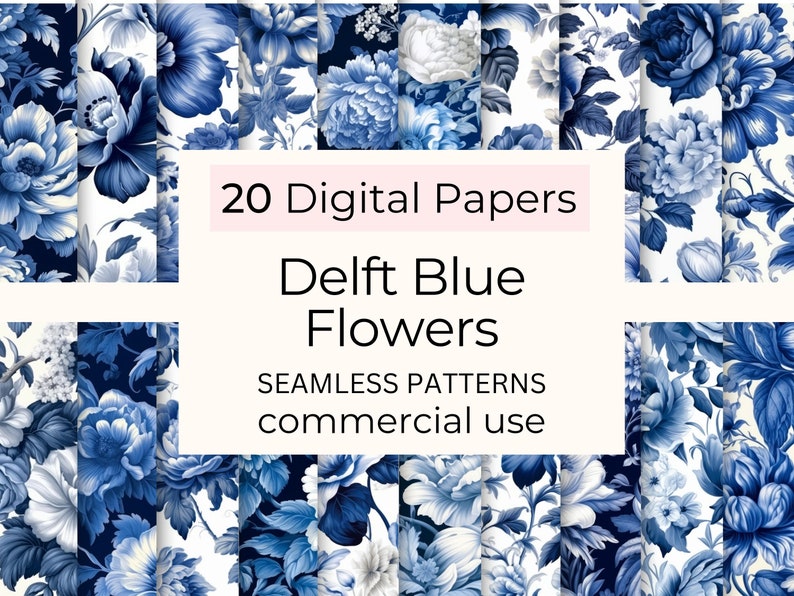 Digital Scrapbook Paper Delft Blue, Vintage Floral Seamless Patterns ...