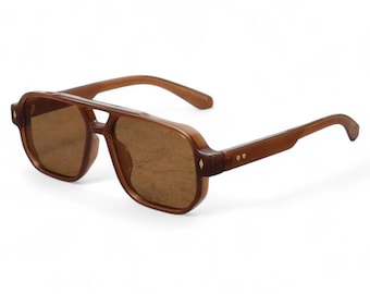 Vintage 70s Pilot Sunglasses | Retro Brown Transparent Square Frames | Men & Women’s Oversized Mod Shades