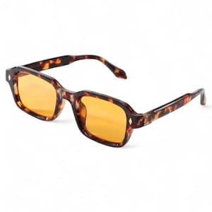 Vintage Rectangular Tortoise Sunglasses with Yellow Lenses | Retro 70s Thick Frame Sun Glasses