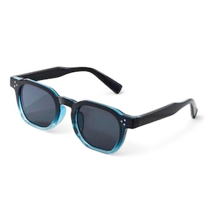 May include: Square sunglasses with a black frame and temples, and a translucent blue-green lower frame. The lenses are dark, and the sunglasses have small silver accents on the frame.