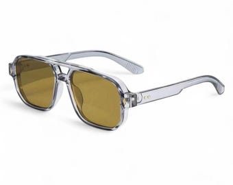 70s Retro Aviator Sunglasses for Men & Women | Oversized Clear Grey Square Frames | Yellow Tint