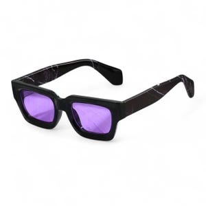 May include: Black-framed sunglasses with purple lenses. The frames have a rectangular shape with a marble-like pattern on the arms. The sunglasses are set against a white background.
