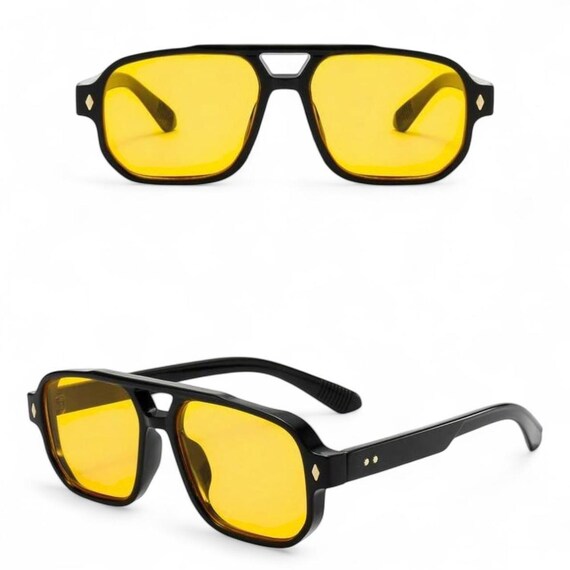 Vintage Black and Yellow Aviator Sunglasses Double Bridge Yellow Lenses 142mm Yellow Lens Sunglasses | Retro Black Aviator Frames | 1970s  main image 3