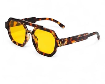 Geometric Tortoise Sunglasses | Yellow Tint Oversized Aviators | Retro Flat Top Sun Glasses