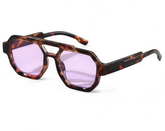 Brown Tortoise Shell Pilot Sunglasses Y2K Vintage Trendy UV400 Transparent Purple Tint Unisex Shades