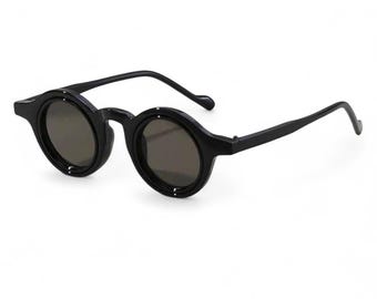 Black Steampunk Round Sunglasses Y2K Vintage UV400 Dark Grey Tint Unisex Men Women