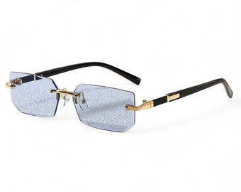 Black Square Rimless Sunglasses Y2K Modern Trendy UV400 Transparent Blue Tint Unisex Shades