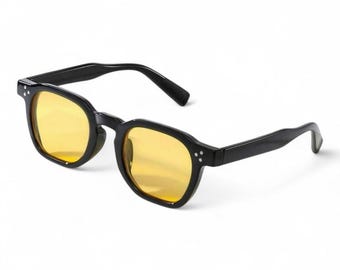 Vintage retro vierkante zonnebril voor heren en dames | Zonnebril met gele glazen | Zwart dik frame