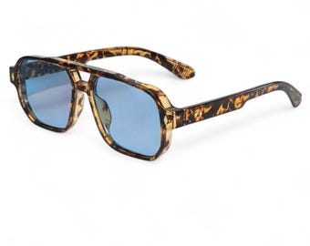 Gafas de sol de aviador extragrandes color carey marrón, estilo vintage retro Y2K, con protección UV400 y tinte azul, unisex.
