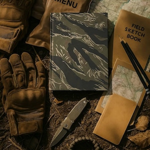 May include: A notebook with a tiger stripe camouflage pattern is the focal point of this image. The notebook is surrounded by a tactical knife, gloves, a field sketch book, and a map. The items are arranged on a surface with leaves and other natural elements.
