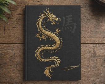 May include: A black hardback notebook featuring a gold-coloured illustration of a dragon on the front cover. To the right of the dragon, the Chinese character for horse is printed in a subtle dark grey tone. Two thin gold lines appear at the bottom.