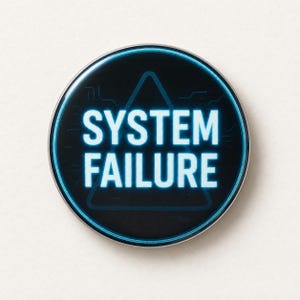 May include: A circular pin featuring a black background with a glowing blue border and a central triangle outline. The text "SYSTEM FAILURE" is printed in bold, bright blue capital letters in the center, surrounded by subtle circuit-like lines.