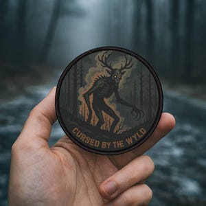 Wendigo Iron On Patch, WYLD CURSE Horror Forest Cryptid Emblem, 3 inch Tactical Backpack Badge, Paranormal Gift for Cryptid Hunters
