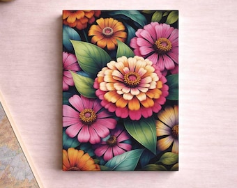Cuaderno floral vintage, libreta botánica de zinnias, diario elegante para escribir.