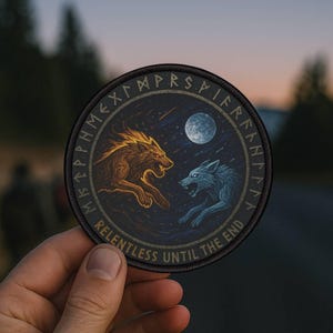 May include: Circular patch depicting two wolves, one gold and one blue, against a starry night sky with a full moon. The patch has a black border with runic text and the words "RELENTLESS UNTIL THE END".