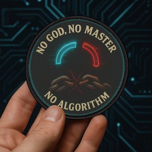 Può includere: Toppa rotonda nera con la scritta bianca "NO GOD, NO MASTER, NO ALGORITHM". Il design presenta una catena spezzata e due linee curve, una blu e una rossa. La toppa è tenuta in mano.