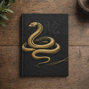 Puede incluir: Un cuaderno de tapa dura negra con una ilustración dorada de una serpiente enroscada en la portada. La serpiente está representada en un estilo grabado detallado con la cabeza levantada. Se observan caracteres chinos estilizados detrás de la serpiente.