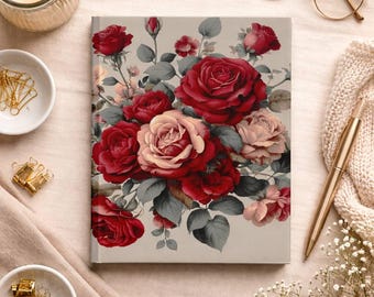 Diario floral de rosas rojas, cuaderno botánico vintage, diario de escritura romántica