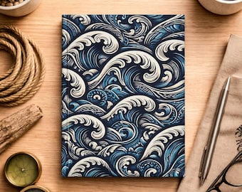 Ocean Wave Journal, Blue Notebook, Coastal Writing Diary