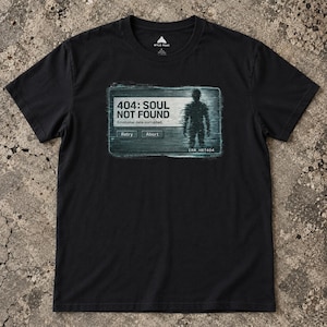 May include: A black short-sleeved t-shirt featuring a graphic print of a computer error message box. The text reads 404: SOUL NOT FOUND, Emotional data corrupted, with Retry and Abort buttons and a silhouette of a person next to the text.
