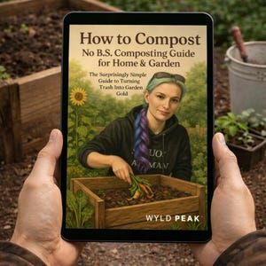 May include: A tablet displaying a book cover titled "How to Compost." The cover features a person with blue and purple hair, holding vegetables over a compost bin. The book's subtitle is "No B.S. Composting Guide for Home & Garden."