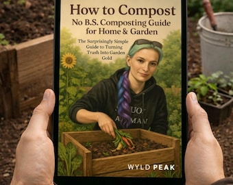 May include: A tablet showing a book cover titled "How to Compost." The cover features a person with blue and purple hair, holding vegetables over a compost bin. The book's subtitle is "No B.S. Composting Guide for Home & Garden."