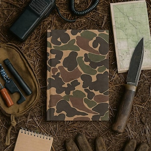 May include: A notebook with a camouflage pattern is surrounded by outdoor equipment. A black walkie-talkie, a map, a knife, a small notepad, and a tool bag with tools are arranged on a bed of pine needles. The notebook features brown, green, and tan shapes.