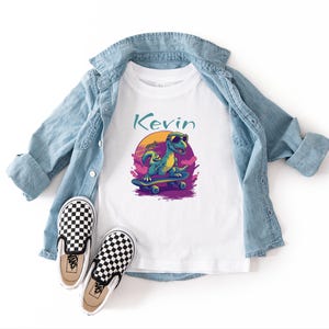 Personalized T-Rex birthday gift. Dinosaur shirt for kids with name & age – personalized birthday shirt – gift for boys and girls.