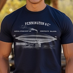 May include: A navy blue t-shirt with a white graphic of an airship with the text "PENNINGTON & C." "AERIAL STEAM SHIP OR COMPOSITE BALLOON."