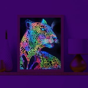Leopard Neon glow handmade painting, Psychedelic style, vibrant colors