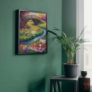 Van Gogh Style Art Sweet Treats Picnic Basket, Floral Wooden Bridge over River in English Countryside, Abstract Oil Painting Christian Print