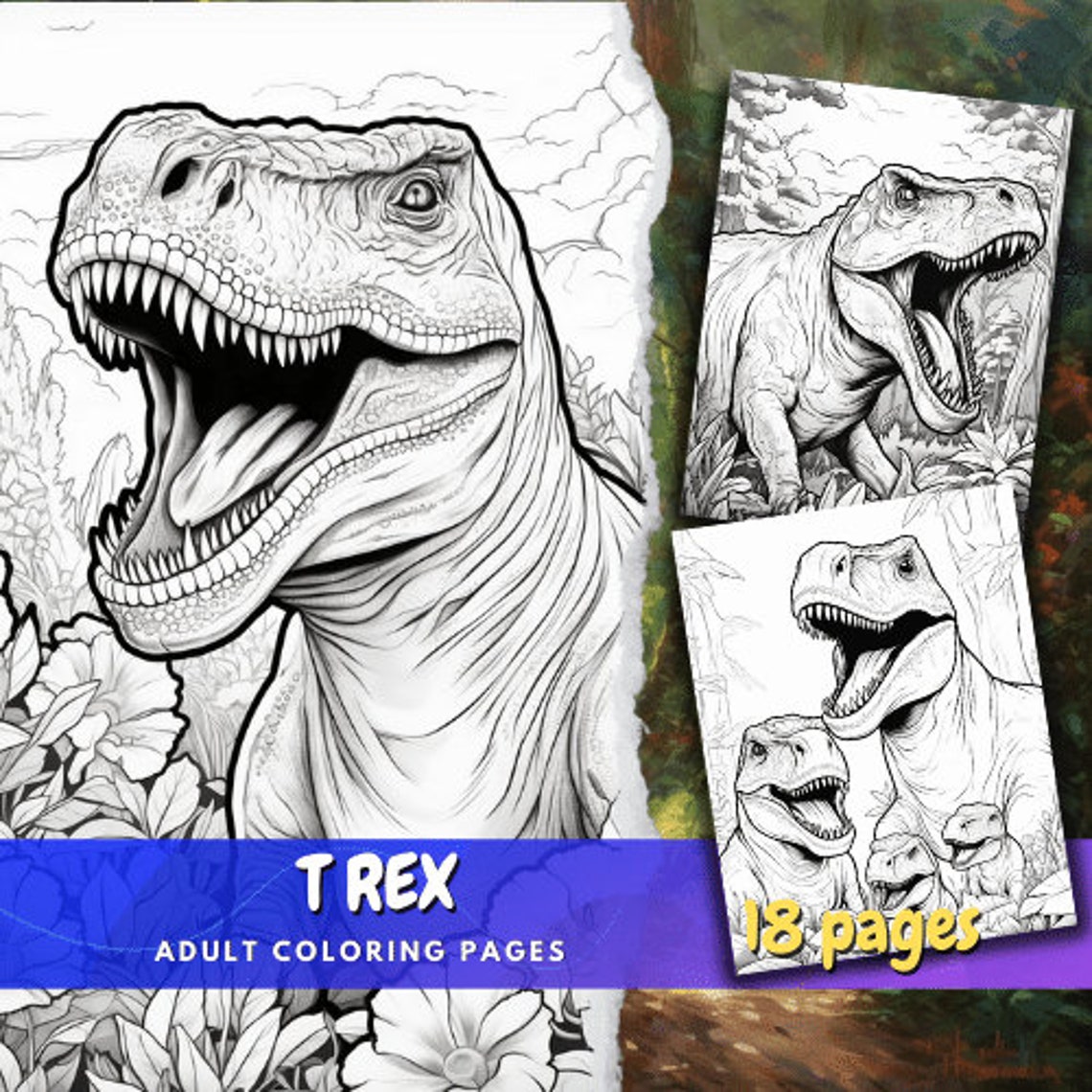 Realistic T Rex Printable Coloring Pages Instant Download Etsy