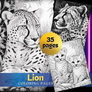 Puede incluir: Un libro para colorear en blanco y negro con un guepardo de 35 páginas. La portada muestra un primer plano de la cara de un guepardo con una estrella dorada que dice "35 páginas". El título del libro es "Páginas para colorear de león".
