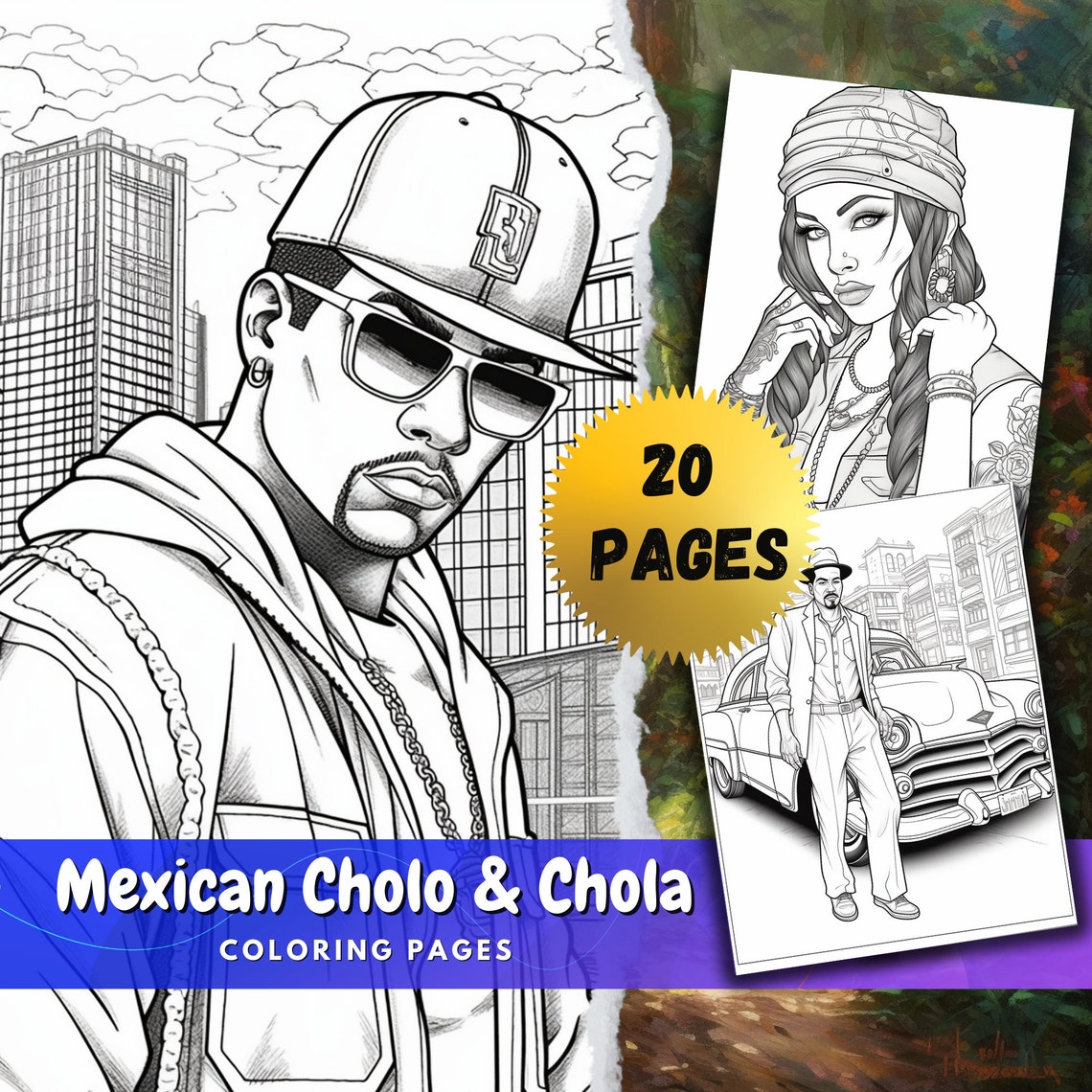 Chicano Coloring Pages for Adults Grayscale Art | Mexican Gangster