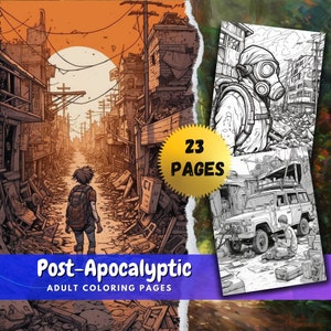 Post-apocalyptische kleurplaten | Dystopische kunst in grijstinten voor volwassenen | Afdrukbaar pdf-kleurboek | Digitale downloadset