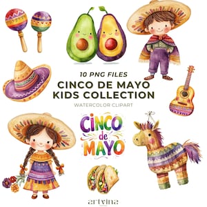 10 Watercolor Cinco de Mayo Party Clipart Bundle Mexican Cute Party Clipart Fiesta Clipart Happy Kids Printable Pinata Taco PNG