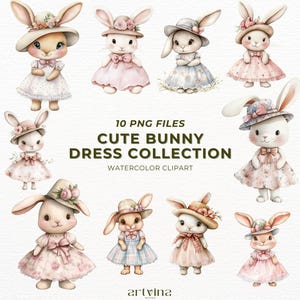 Aquarell Hase Clipart, süsses Kaninchen Kleid, Baby Bunny Girl Clipart PNG, Hase Kinderzimmer, Digital Download