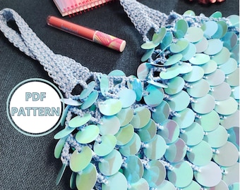 Tutorial per borsa con paillettes color acquamarina - Modello per borsa con paillettes all'uncinetto - Accessori per feste anni 2000
