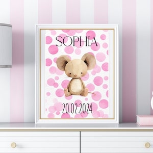 Póster para habitación infantil "peluche" con nombre y fecha de nacimiento | diferentes motivos y colores regalo de nacimiento | Decoración de la habitación de los niños