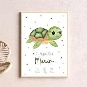 Poster personalizzato per la nascita del bambino, tartaruga, con nome e data di nascita per ragazze | Manifesto nascita Din A4, Din A3, file digitale