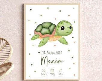 Gepersonaliseerde geboorteposter schildpad met naam en geboortegegevens voor meisjes | Geboorteposter Din A4, Din A3, digitaal bestand