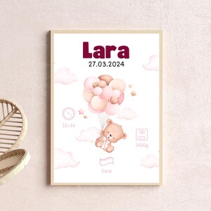 Póster de nacimiento de bebé personalizado con nombre y fechas de nacimiento en rosa para niñas | Cartel de nacimiento Din A4 Din A3 o archivo digital